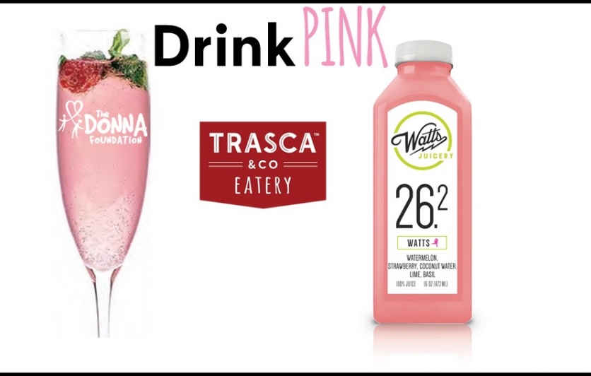 Pink Mimosa and watts juice and trasca eatery logo 
