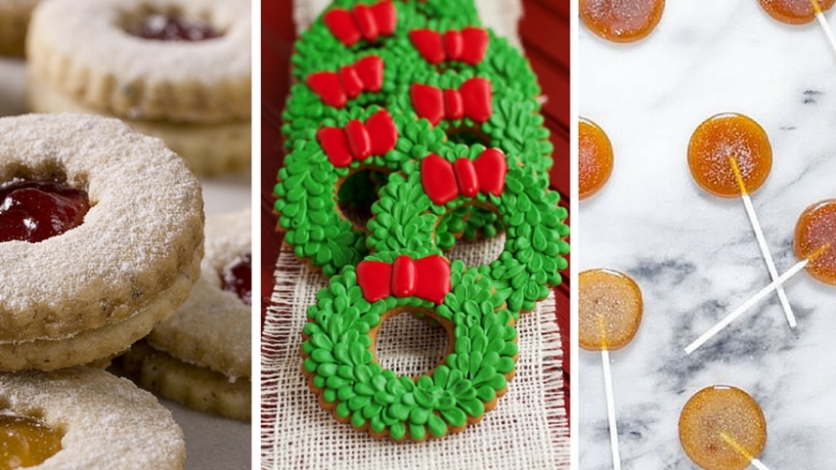 holiday linzer cookies, holiday wreaths with green frosting, grand marnier lollipops on marble