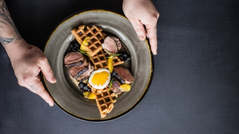 Sweet potato waffles and duck with egg