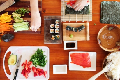 sushi on platters