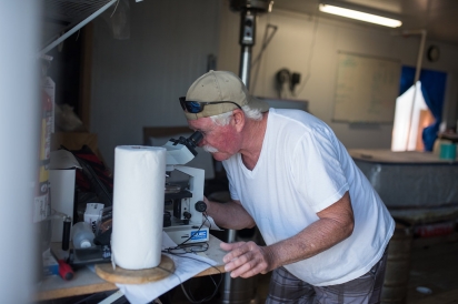 Michael Sullivan studies clams under microscope