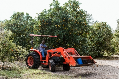 Cecil nelson on his tractor at a citrus farm