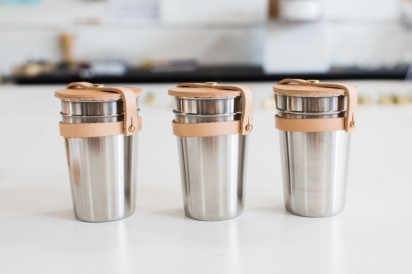 portable leather and stainless steel cups