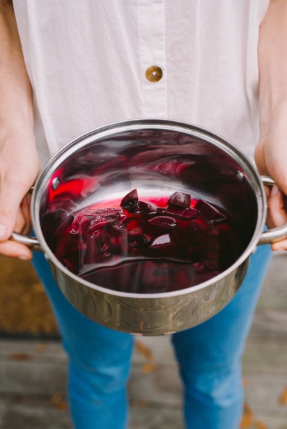 Beets stewing in a pot for easter egg dye