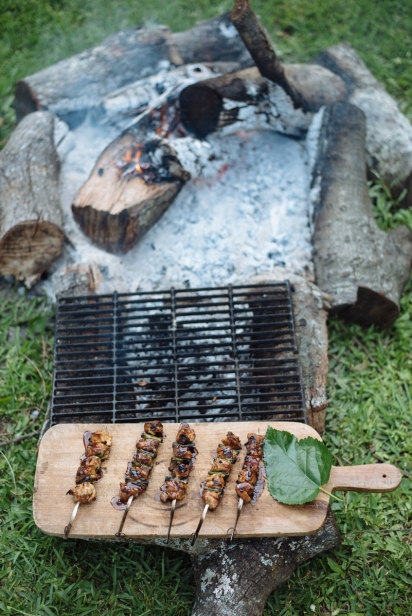 campfire ring with grill and chicken skewers