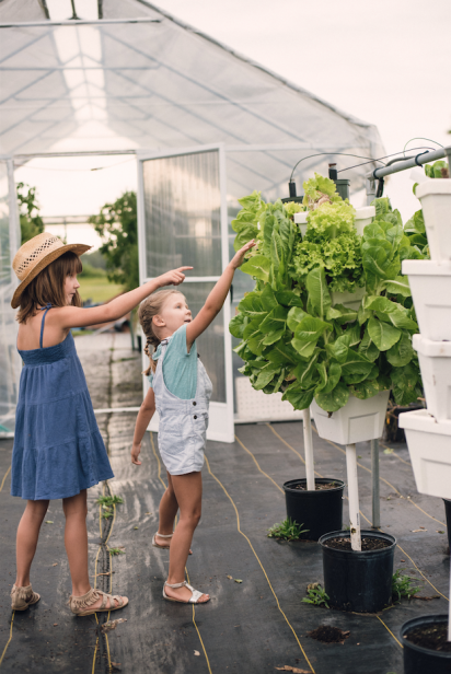 kids and hydroponic growing towers at Rype and Readi Farm in elkton florida 