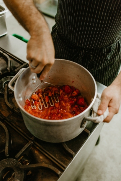 making strawberry basil preserves