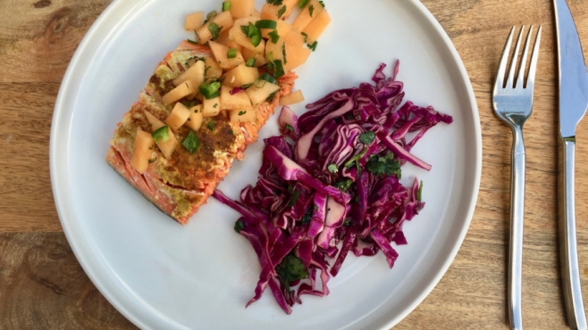 Ginger Salmon with Red Cabbage Slaw and Jalapeño Cantaloupe Salsa