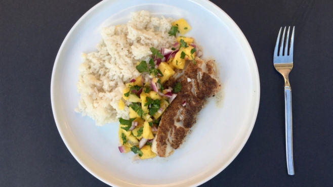 Jerk Fish with Pineapple Salsa over Sticky Coconut Rice