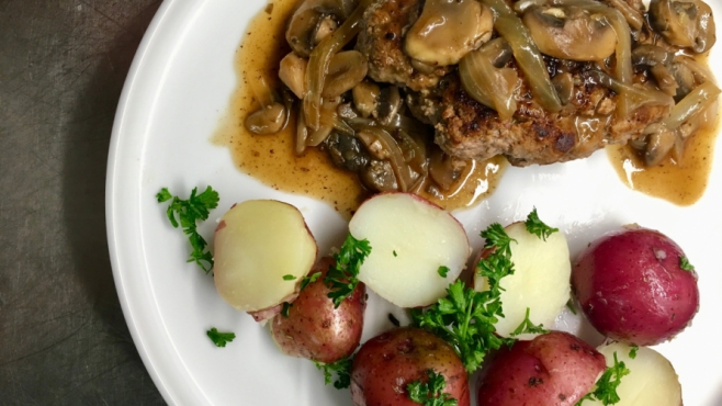salisbury steak with mushroom gravy and potatoes