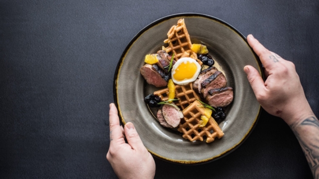 coffee cured duck and sweet potato waffles