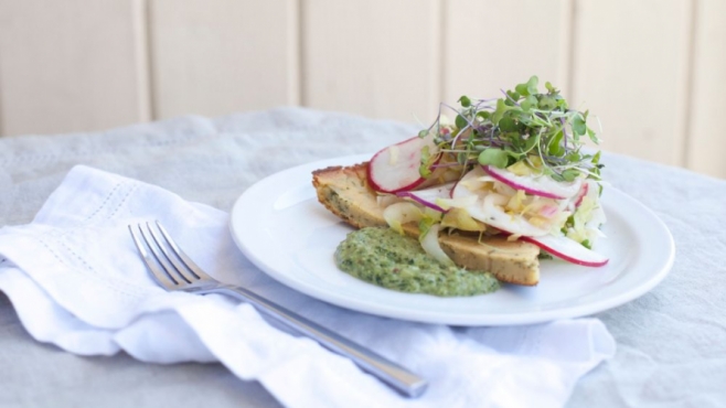 Chickpea Socca with Easter Egg Radish Salad and Carrot Top Mint Pesto