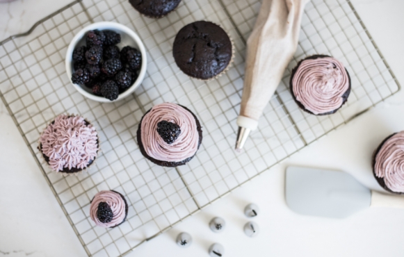 Chocolate Tahini cupcakes and blackberry frosting