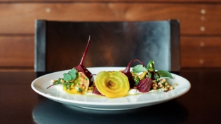 Salt-Roasted Red and Yellow beets on plate with green apple gremolata at Black Sheep