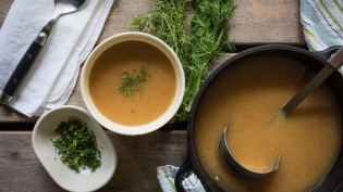 Pot and bowl of fennel soup 